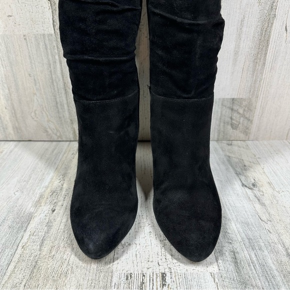 Boutique Black Suede High Heel Knee-High Boots with Ruched Detailing #901 - Picture 2 of 13